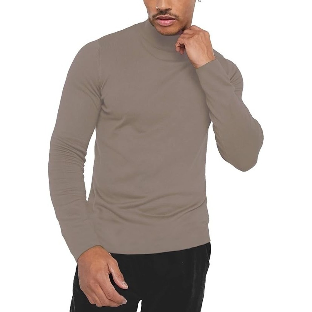 Kingbega Men's Coffee‎ Brown Slim Fit Turtleneck Long Sleeve Shirt Size M